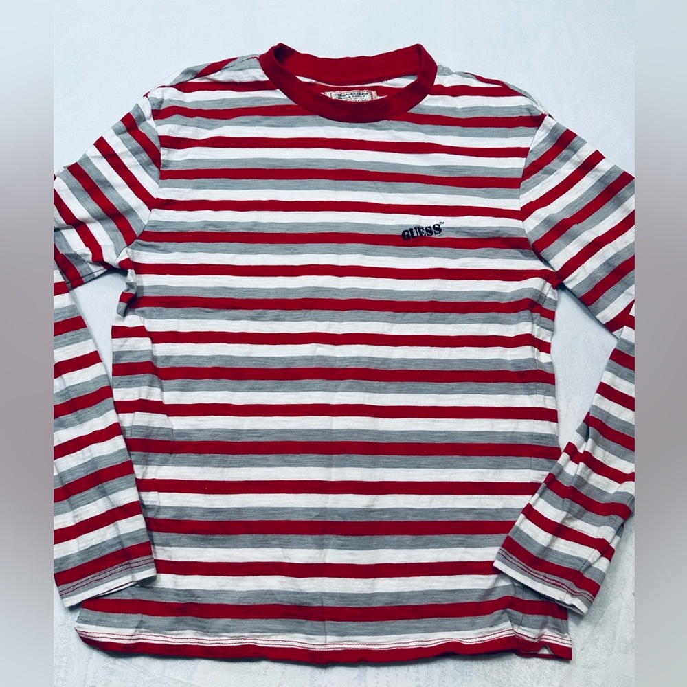 Guess Originals Grey, Red, and White Striped Long‎ Sleeve T-Shirt in Men's XS